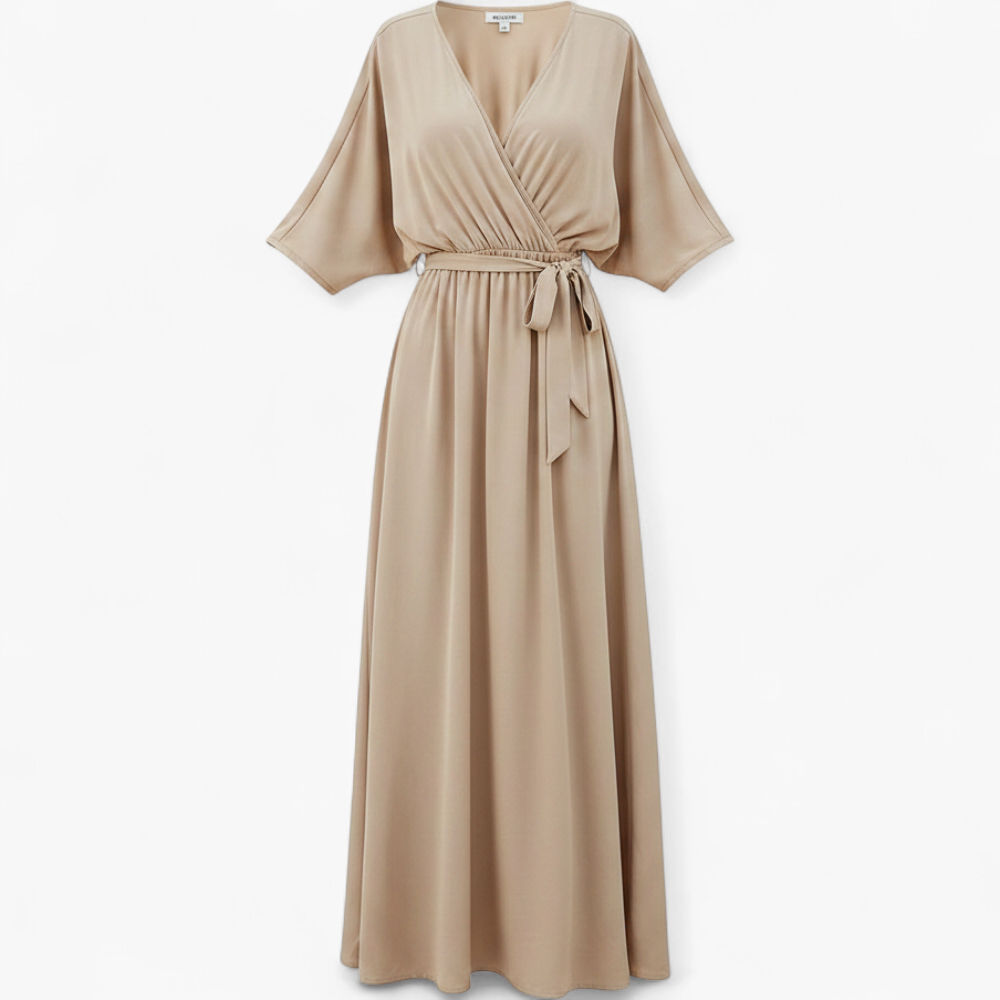 Vestido Midi Escote V Fluido - Champán - manequim fantasma