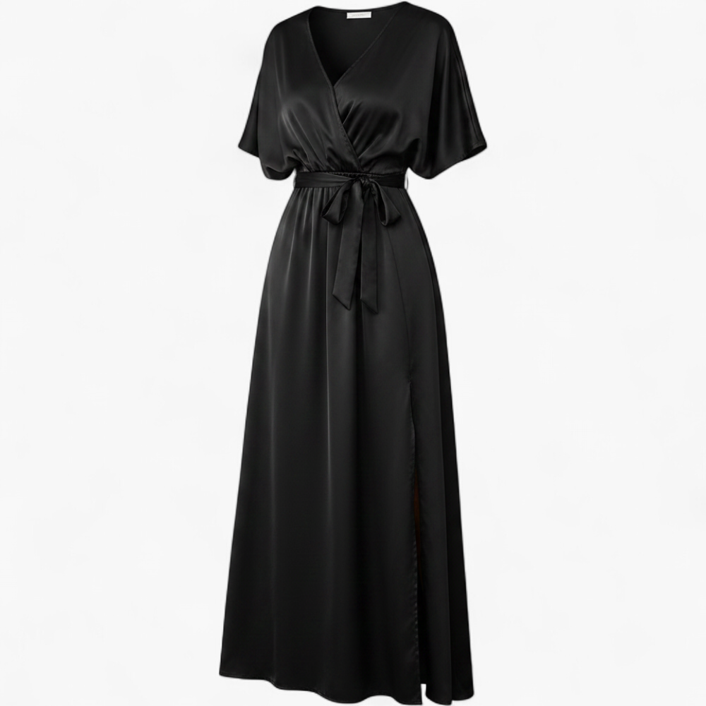 Vestido Midi Escote V Fluido - Negro - manequim fantasma