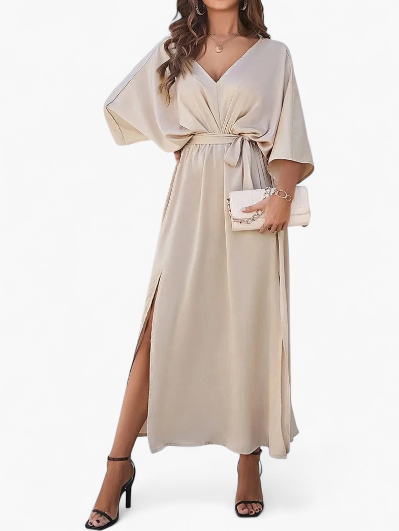 Vestido Midi Escote V Fluido - Champán - principal