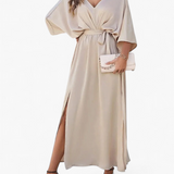 Vestido Midi Escote V Fluido - Champán - principal