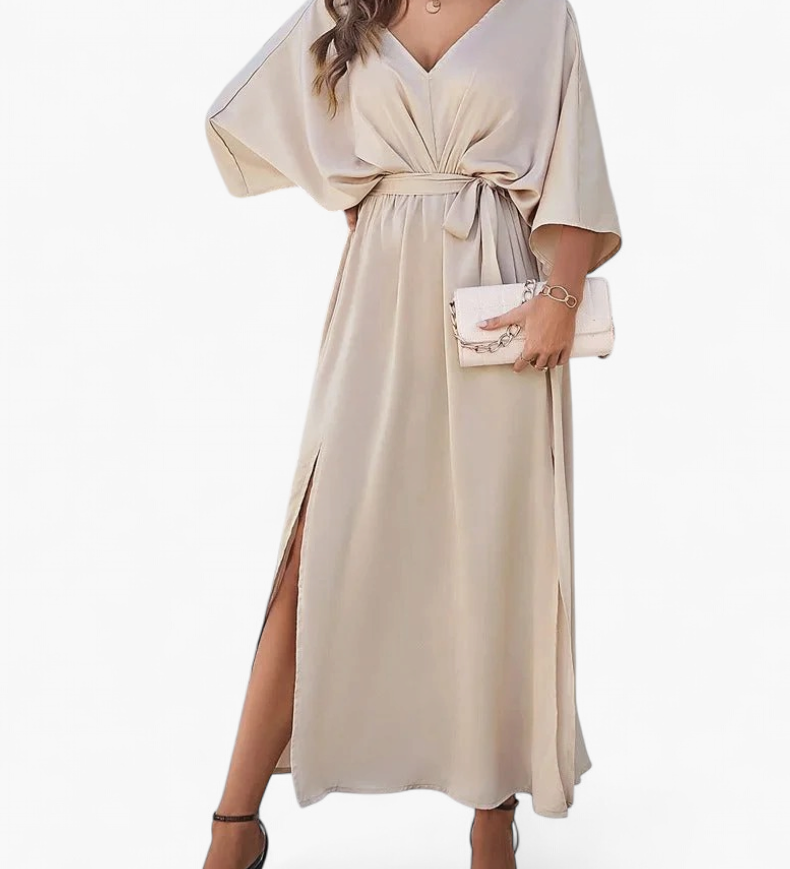 Vestido Midi Escote V Fluido - Champán - principal