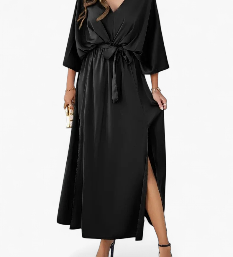 Vestido Midi Escote V Fluido - Negro - principal
