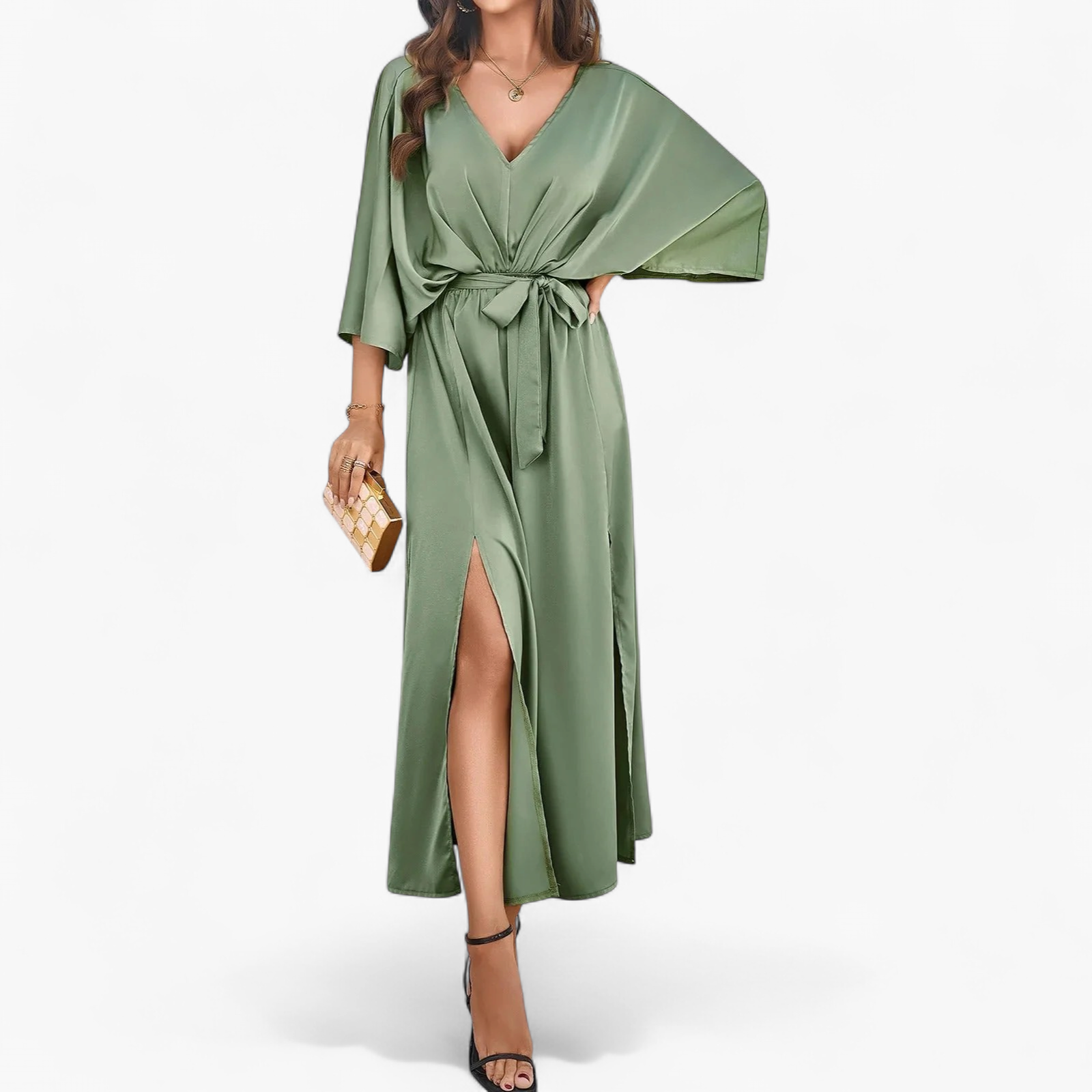 Vestido Midi Escote V Fluido - Verde - principal