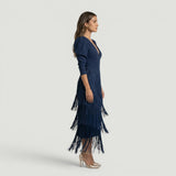 Vestido Midi Flecos Degradado Manga Globo