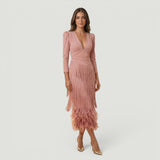 Vestido Midi Flecos Degradado Manga Globo