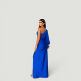 Vestido Largo Un Hombro Satén Nudo Frontal Fenda
