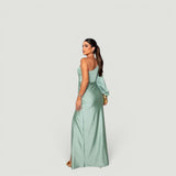 Vestido Largo Un Hombro Satén Nudo Frontal Fenda