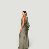 Vestido Largo Un Hombro Satén Nudo Frontal Fenda